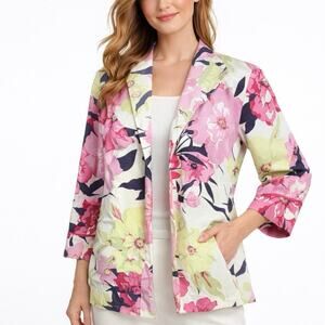 Coldwater Creek Petite Size PL Linen Silk Blend Floral Open Front Blazer Jacket
